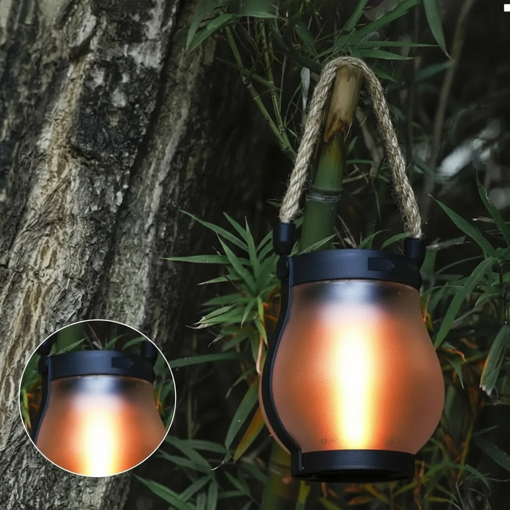 Solar Flame Lamp Rechargeable Hanging Courtyard Decoration Garden Lantern Lighting Lamp with Hemp Rope Outdoor Camping Lamp