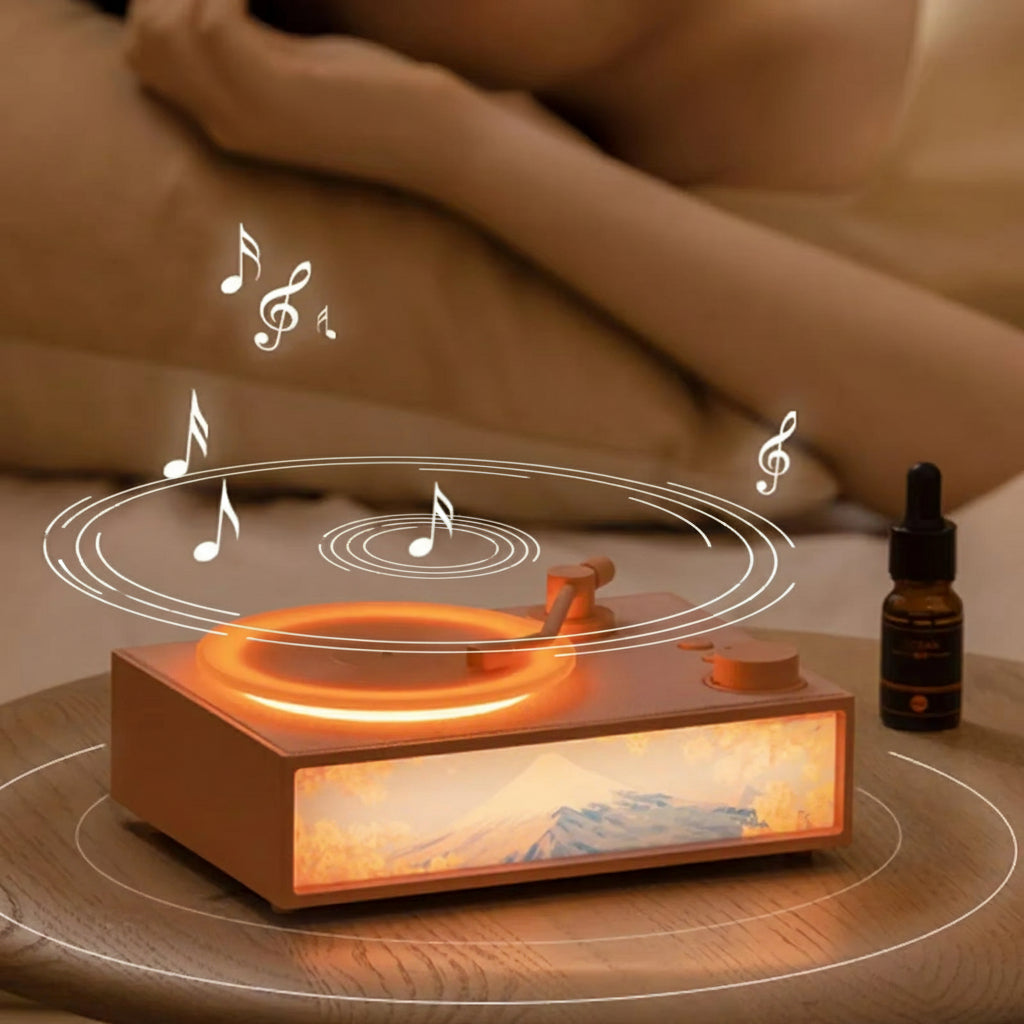 Essential Oil Diffuser Bluetooth Speaker - Retro Vintage Vinyl Design with Ambient Lighting for a Cozy Atmosphere
