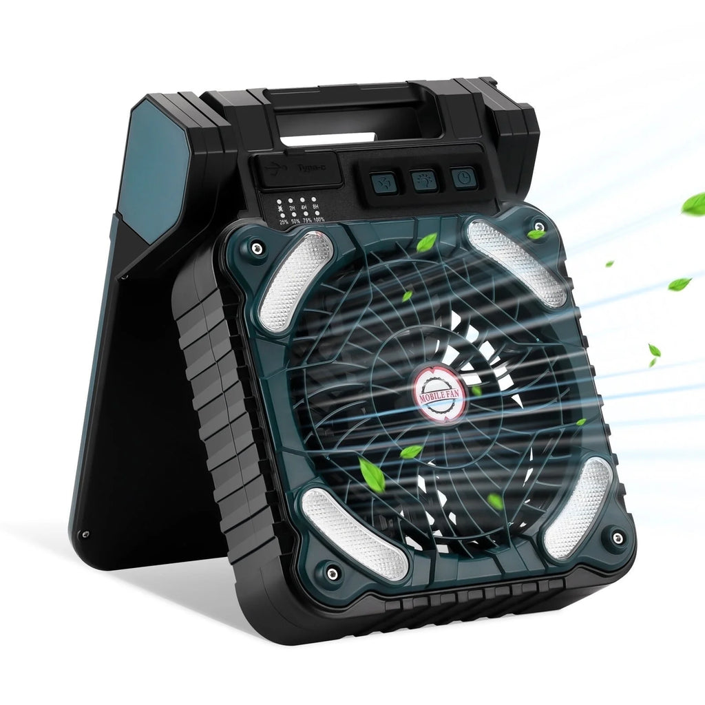 🌞 Ventilador Solar Portátil 4 en 1 – Luz LED, 4 Velocidades y Carga USB para Camping, Pesca y Aventuras al Aire Libre