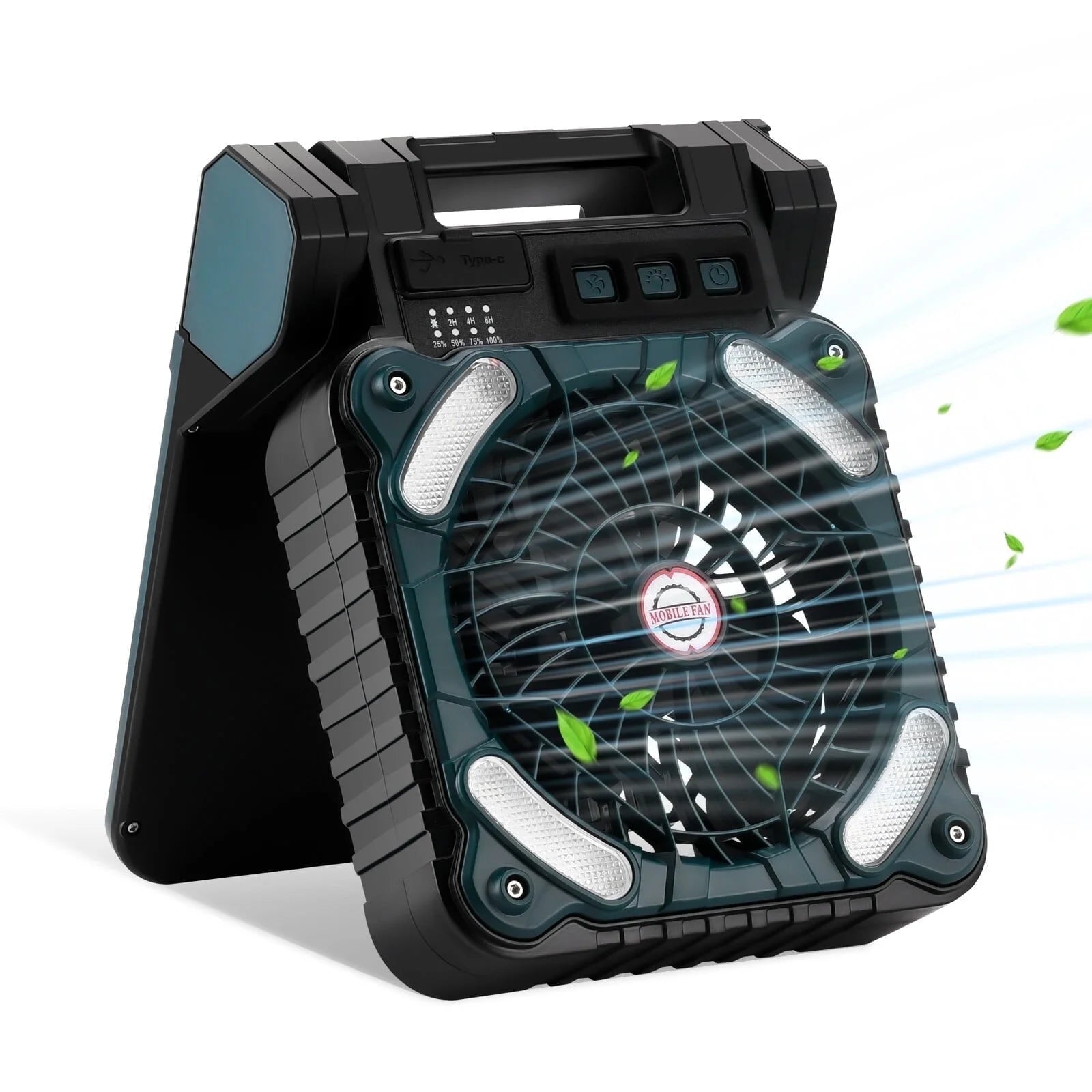 🌞 Ventilador Solar Portátil 4 en 1 – Luz LED, 4 Velocidades y Carga USB para Camping, Pesca y Aventuras al Aire Libre