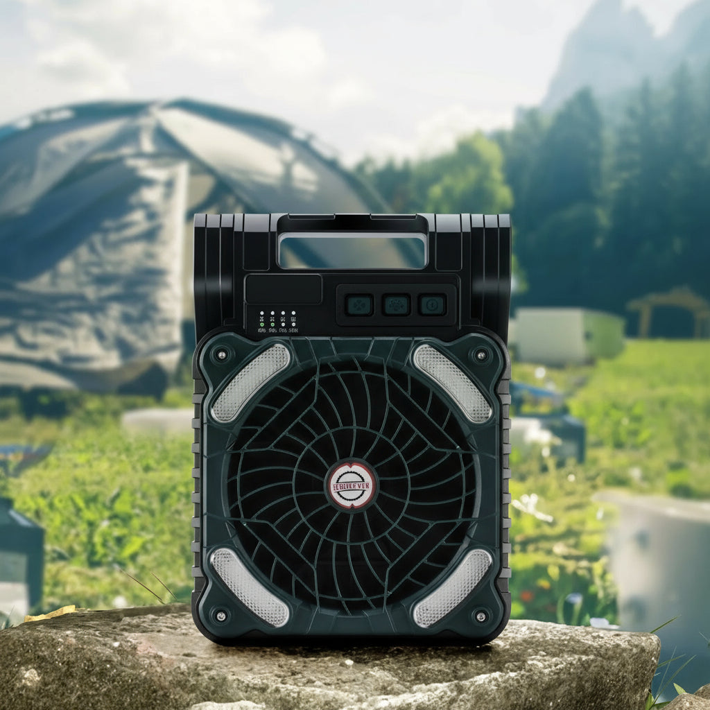 🌞 Ventilador Solar Portátil 4 en 1 – Luz LED, 4 Velocidades y Carga USB para Camping, Pesca y Aventuras al Aire Libre
