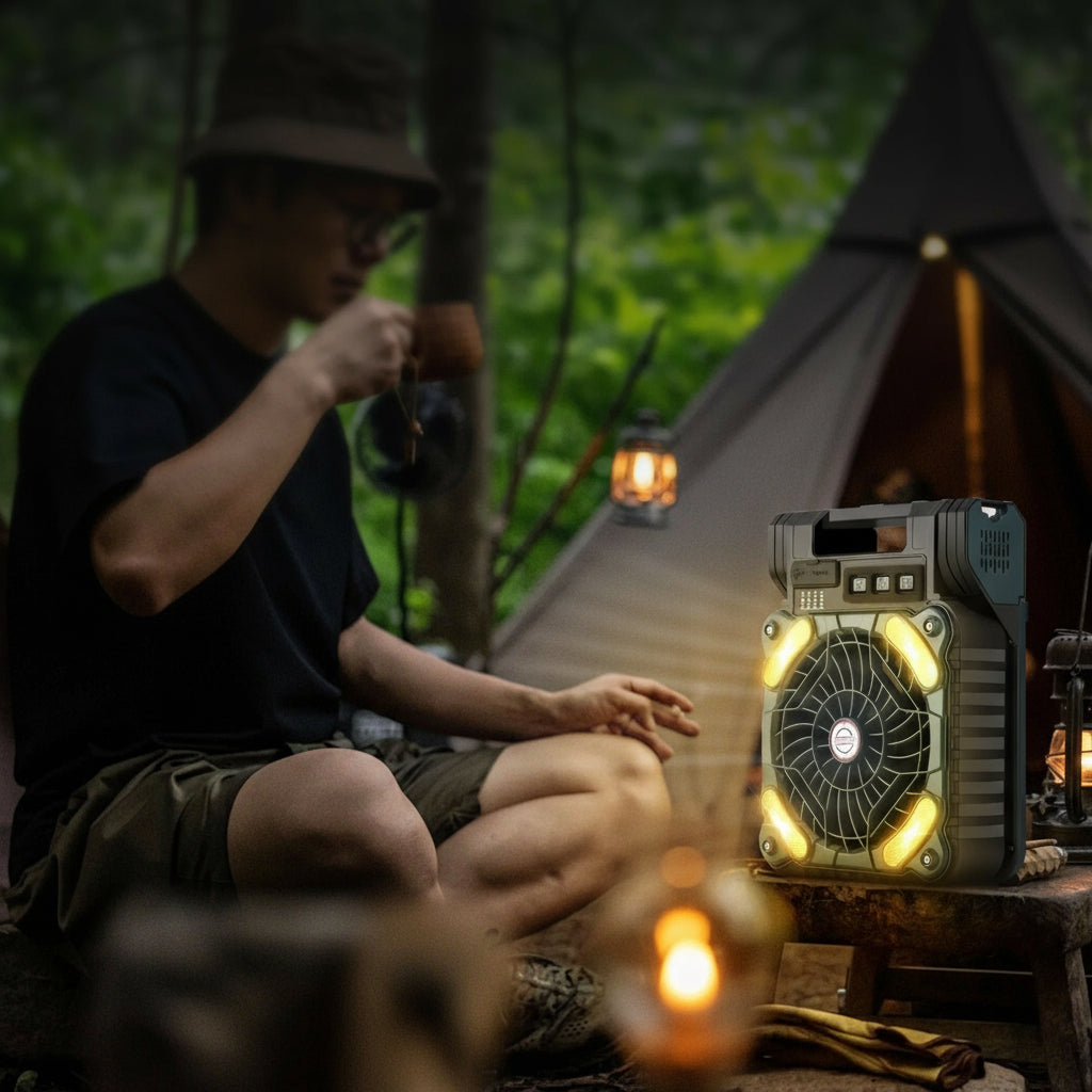 🌞 Ventilador Solar Portátil 4 en 1 – Luz LED, 4 Velocidades y Carga USB para Camping, Pesca y Aventuras al Aire Libre