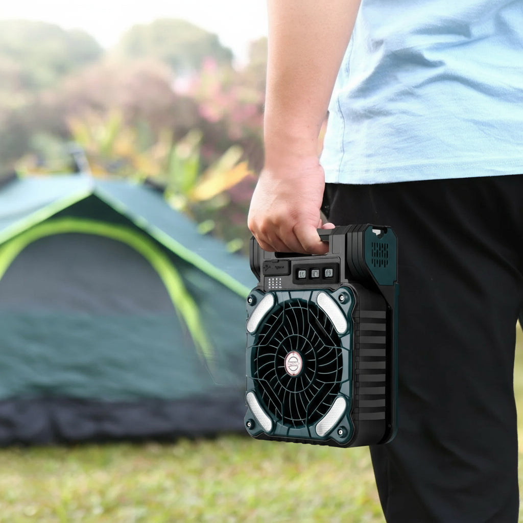 🌞 Ventilador Solar Portátil 4 en 1 – Luz LED, 4 Velocidades y Carga USB para Camping, Pesca y Aventuras al Aire Libre