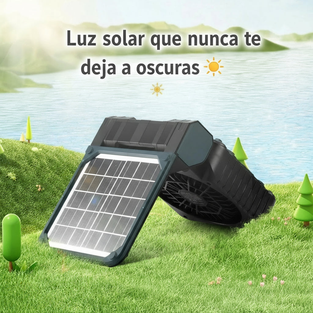 🌞 Ventilador Solar Portátil 4 en 1 – Luz LED, 4 Velocidades y Carga USB para Camping, Pesca y Aventuras al Aire Libre