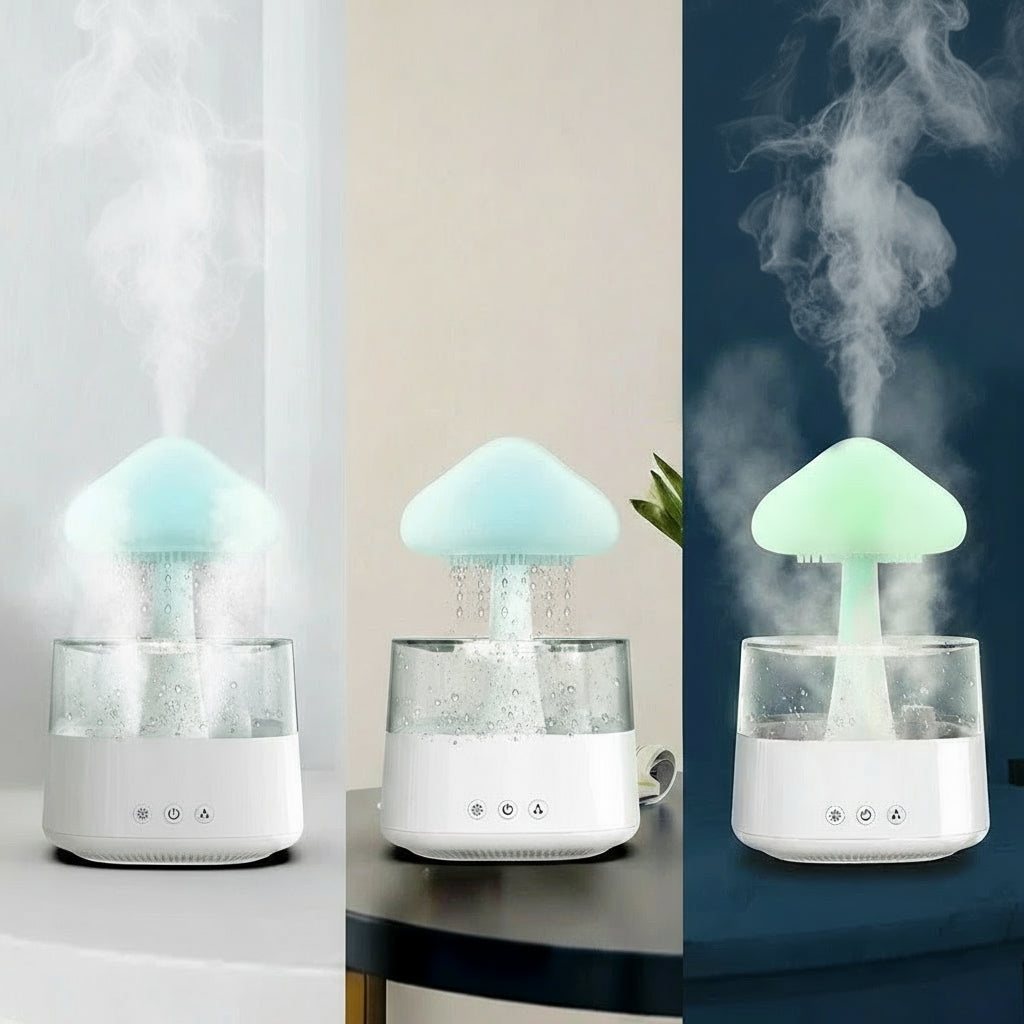 Mushroom Rain Air Humidifier Electric Aroma Diffuser Rain Cloud Smell Distributor Relax Water Drops Sounds Colorful Night Lights