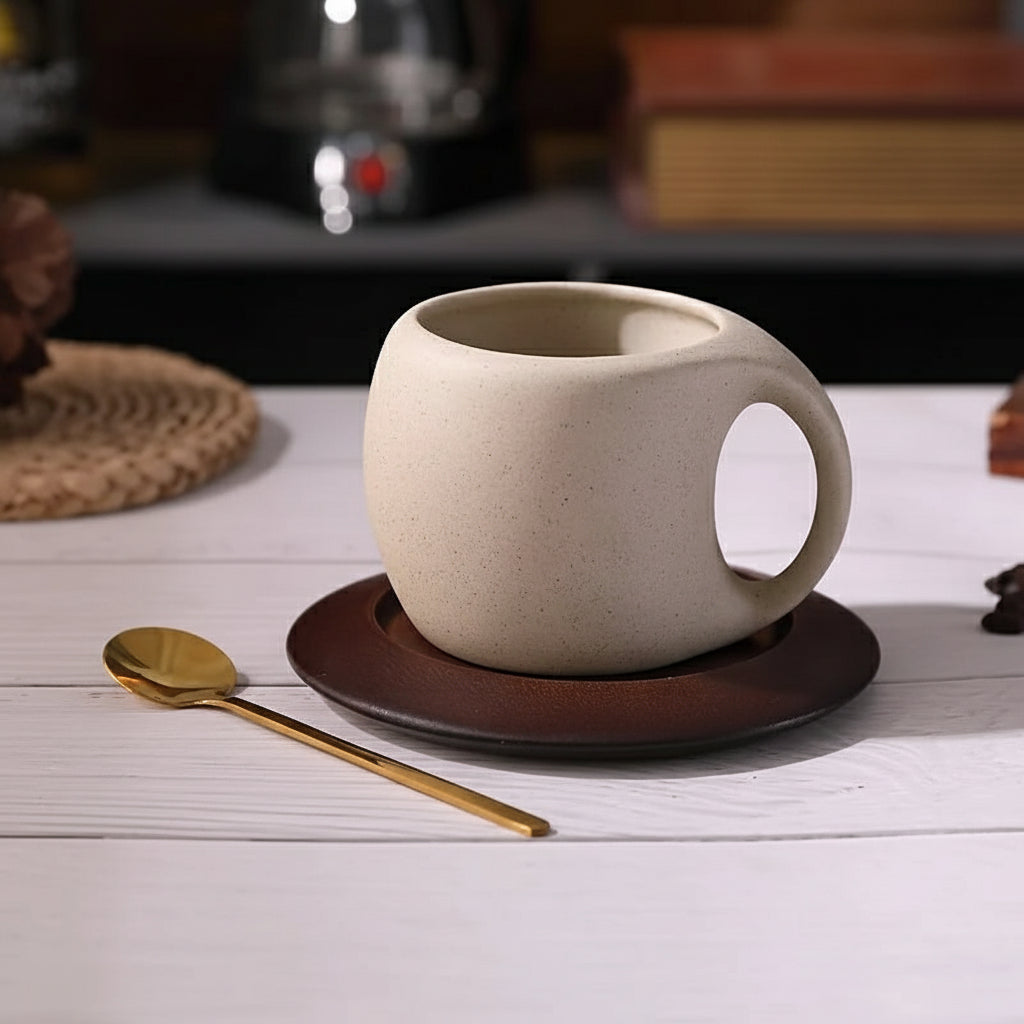 Ceramic Coffee Cup and Saucer Set Retro Latte American Coffee Cup Wooden Coasters Tea Cups Spoon Flower Cups.