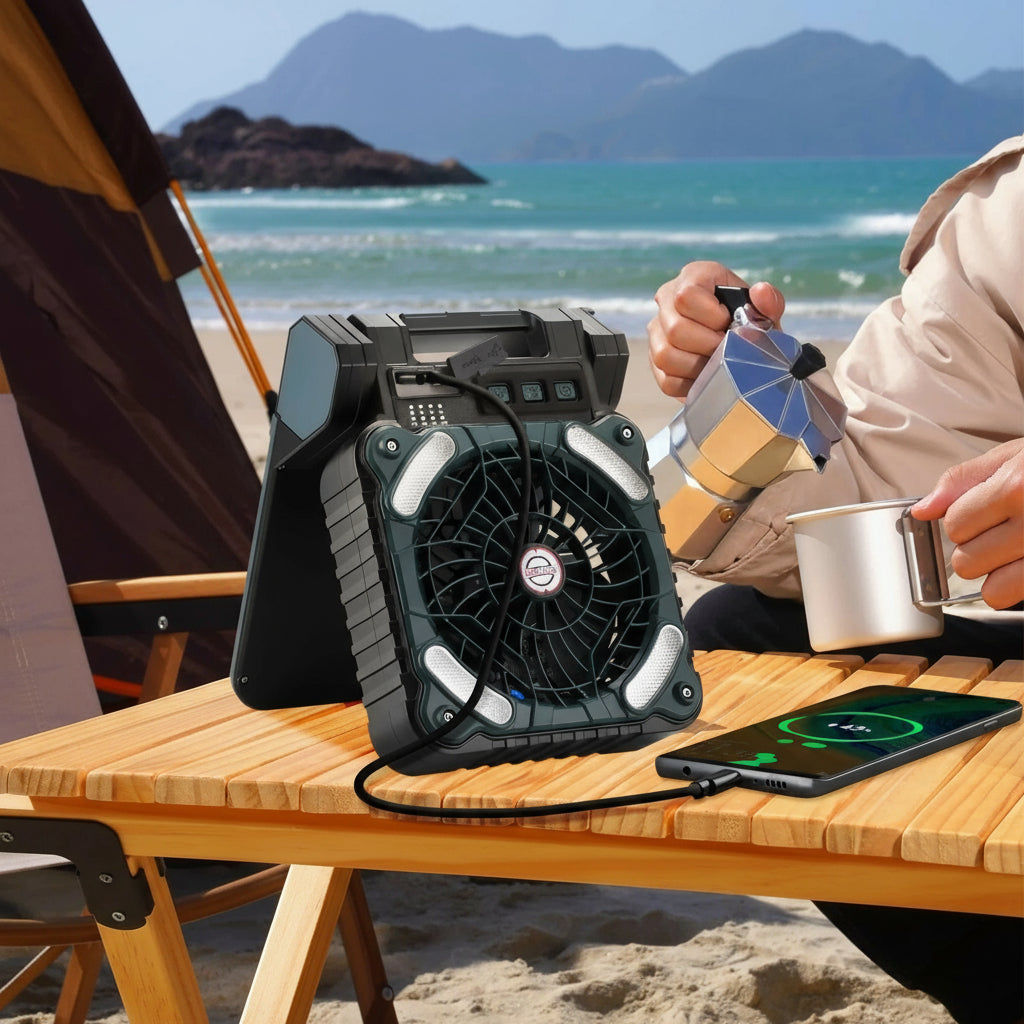 🌞 Ventilador Solar Portátil 4 en 1 – Luz LED, 4 Velocidades y Carga USB para Camping, Pesca y Aventuras al Aire Libre