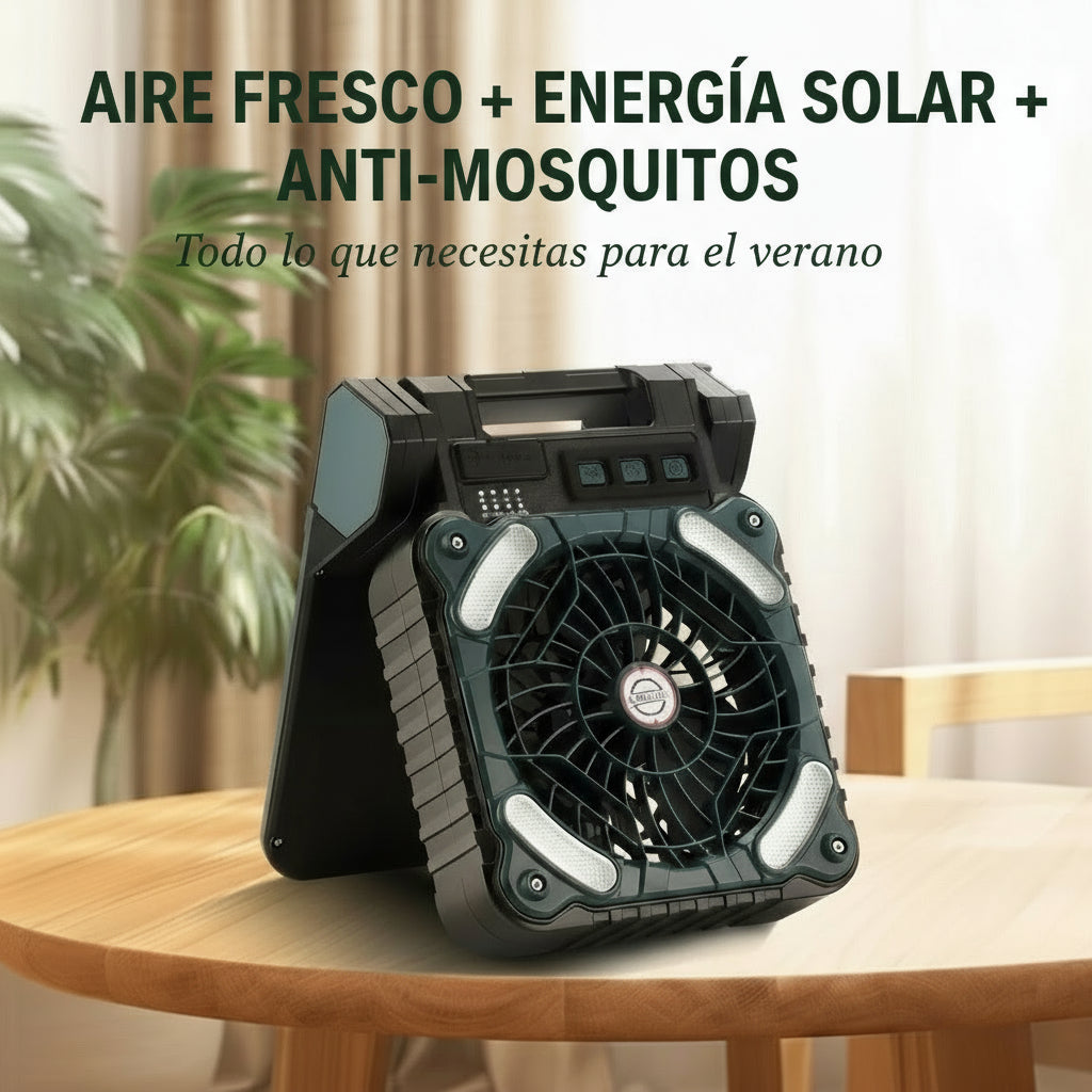 🌞 Ventilador Solar Portátil 4 en 1 – Luz LED, 4 Velocidades y Carga USB para Camping, Pesca y Aventuras al Aire Libre