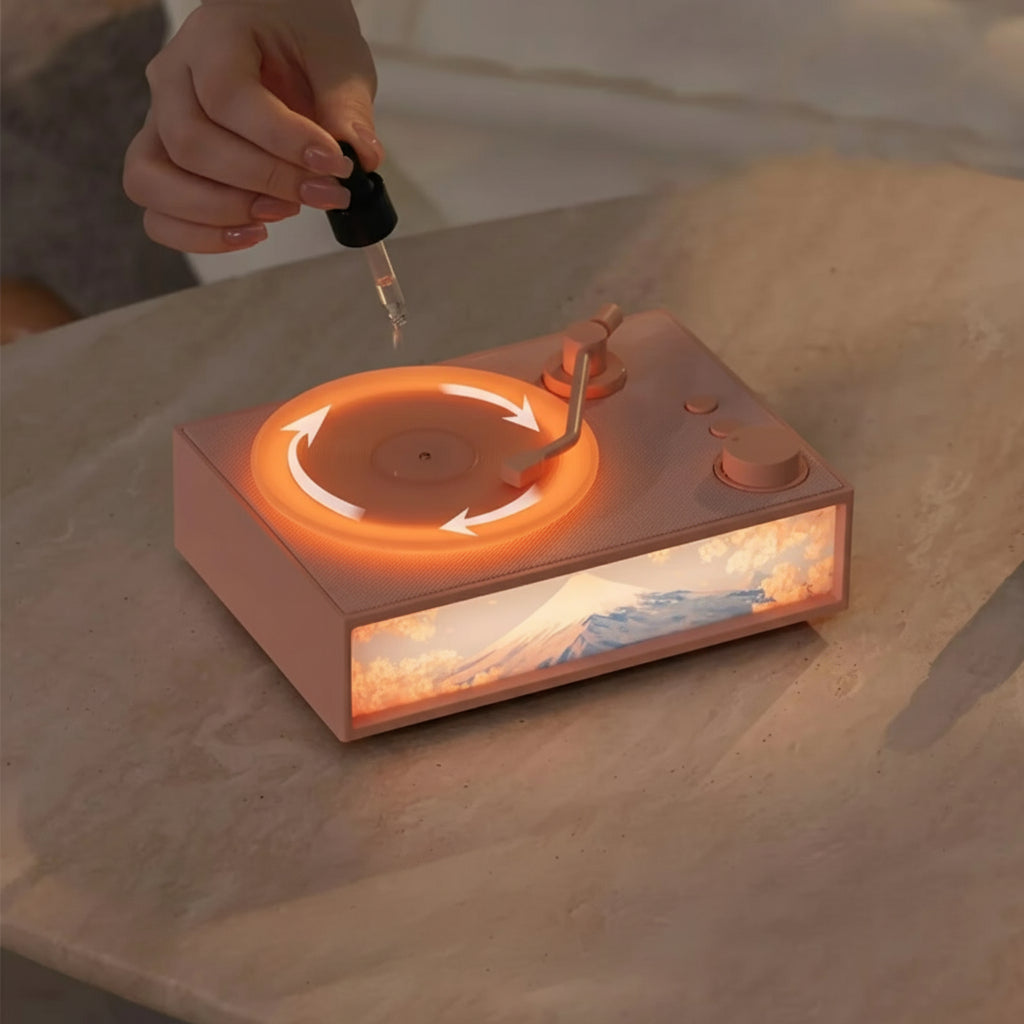 Essential Oil Diffuser Bluetooth Speaker - Retro Vintage Vinyl Design with Ambient Lighting for a Cozy Atmosphere