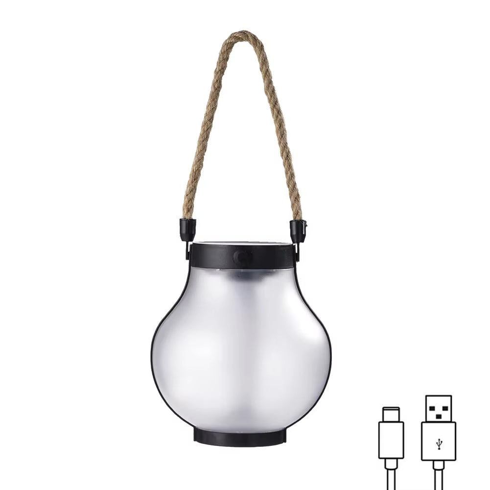 Solar Flame Lamp Rechargeable Hanging Courtyard Decoration Garden Lantern Lighting Lamp with Hemp Rope Outdoor Camping Lamp