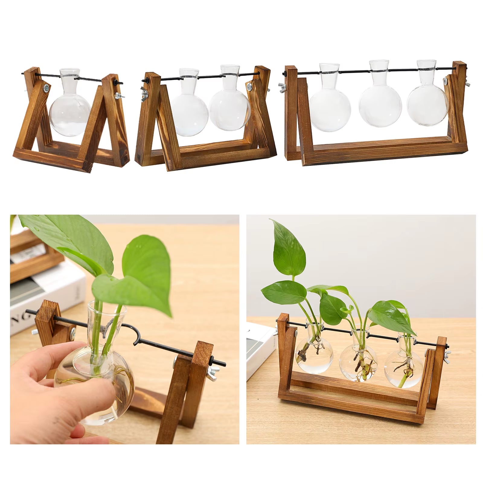 Vintage Propagation Station Glass Hydroponic Air Planter Bulb Terrarium Vase with Wooden Home Garden Office Decoration