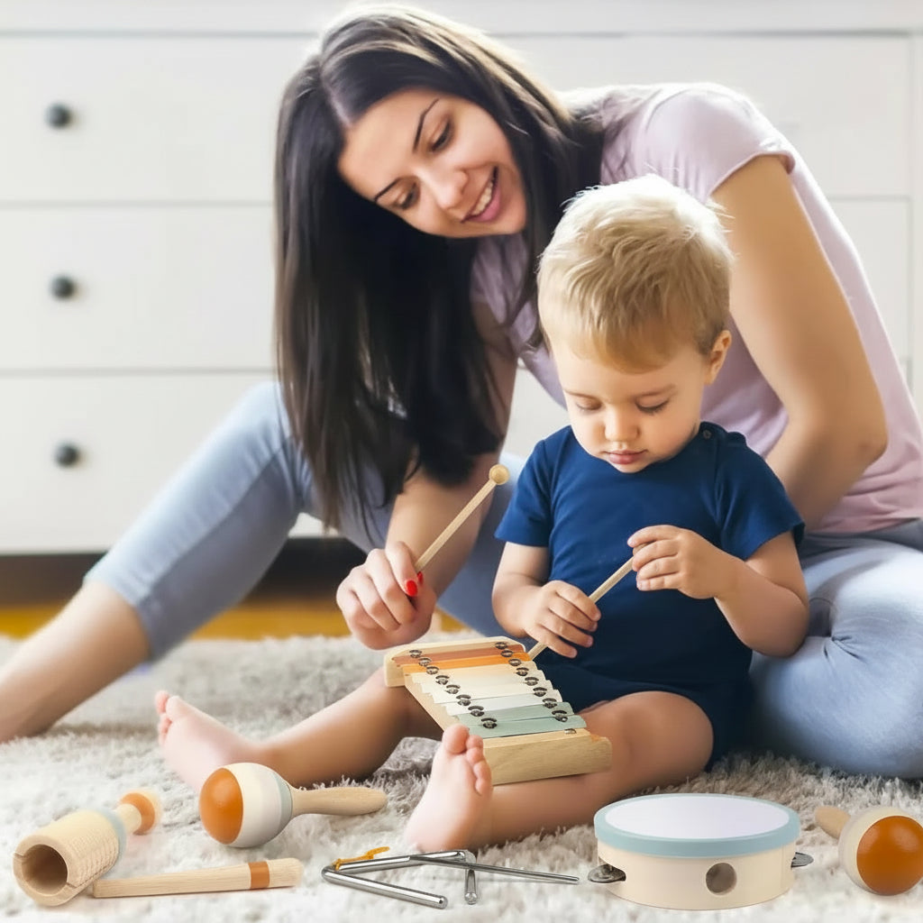 Baby Musical Instruments Wooden Toys Montessori Percussion Instruments Drut Set with Xylophone Preschool Educational Kids Gifts